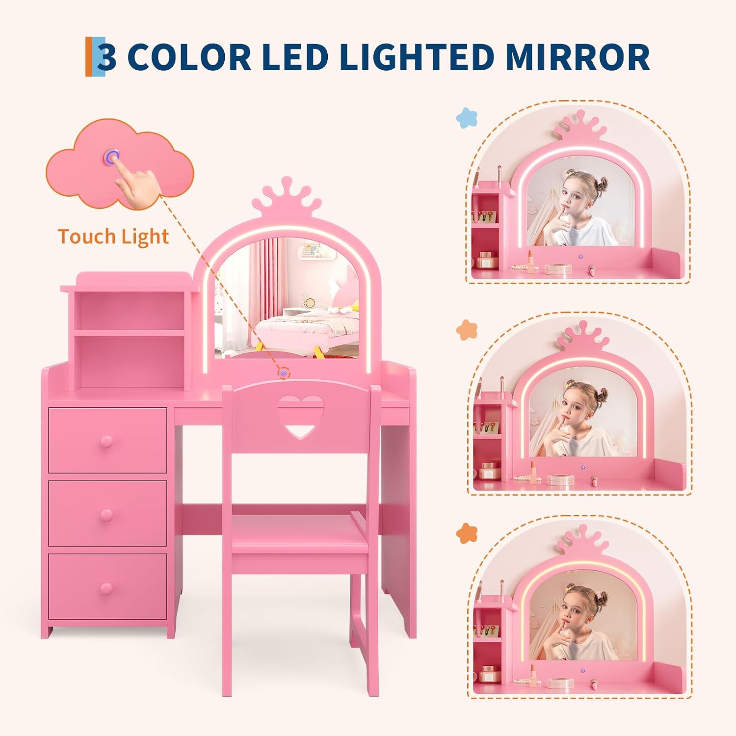 Kids Vanity Desk with Lighted  - đánh giá và giá Dressing Table Vanity With Lighted Mirror