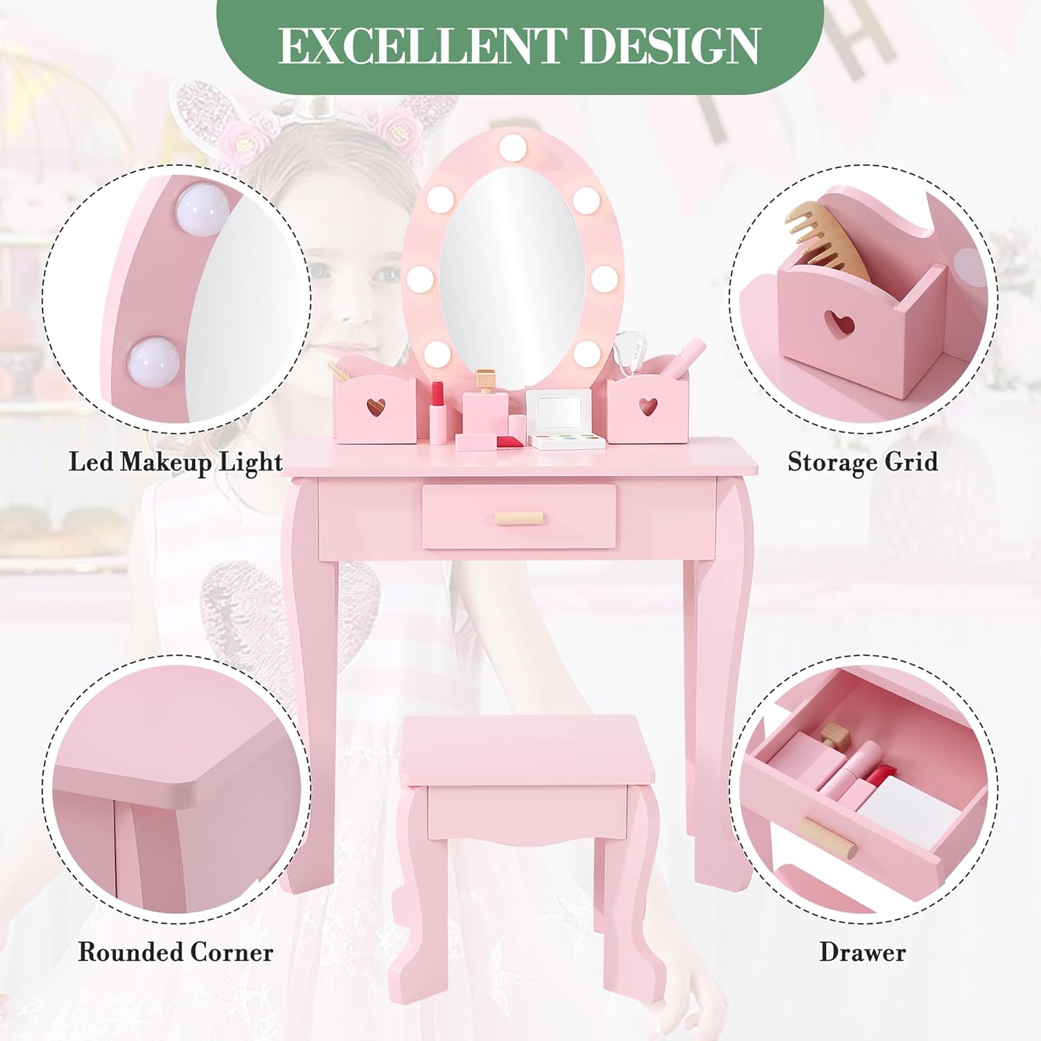 Kids Dressing Table and Stool  - đánh giá và giá Dressing Table Vanity With Lighted Mirror
