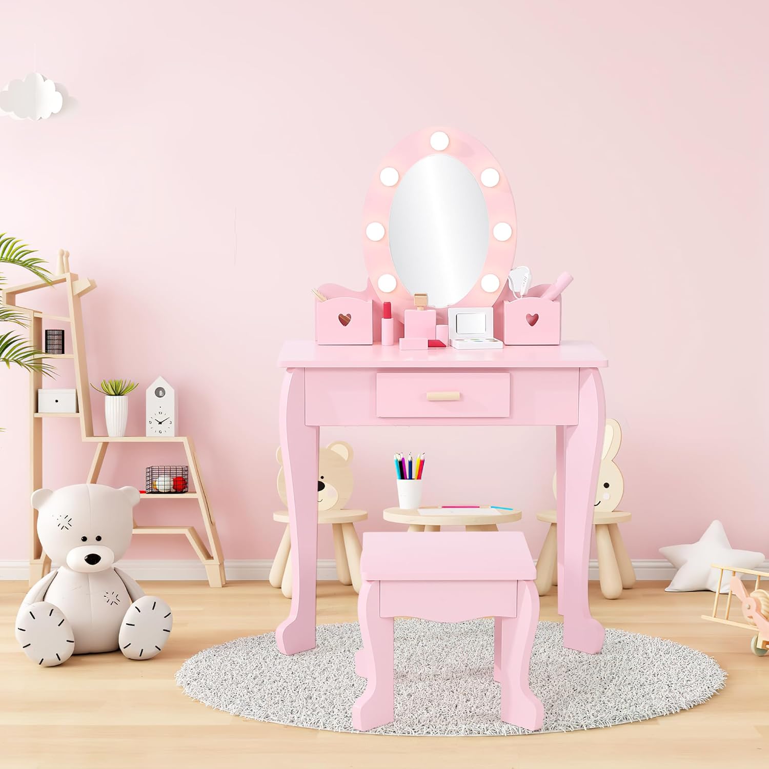 Kids Dressing Table and Stool  - đánh giá và giá Dressing Table Vanity With Lighted Mirror